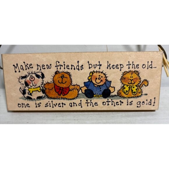Decorative Wooden Plaque Make New Friends With Wire Hanger & Straw Bow 5" - Picture 2 of 5